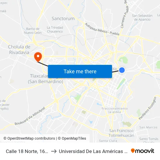 Calle 18 Norte, 1607_4 to Universidad De Las Américas Puebla map