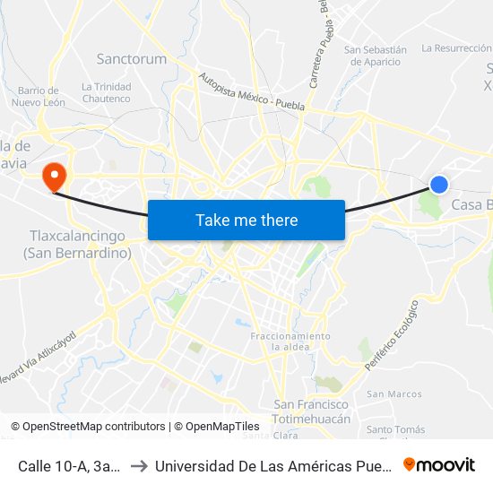 Calle 10-A, 3a_3 to Universidad De Las Américas Puebla map