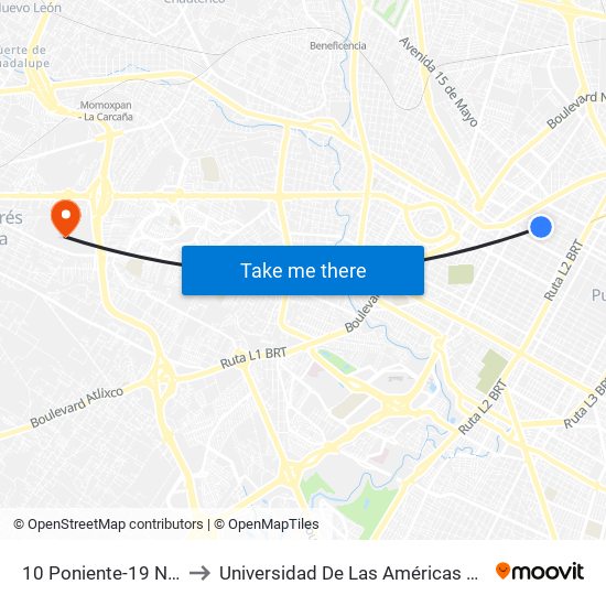 10 Poniente-19 Norte to Universidad De Las Américas Puebla map