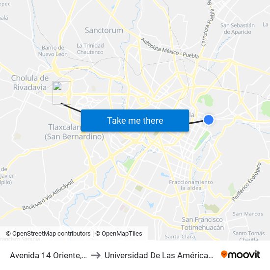 Avenida 14 Oriente, 2222 to Universidad De Las Américas Puebla map