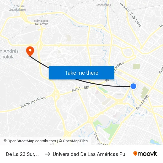 De La 23 Sur, E_4 to Universidad De Las Américas Puebla map