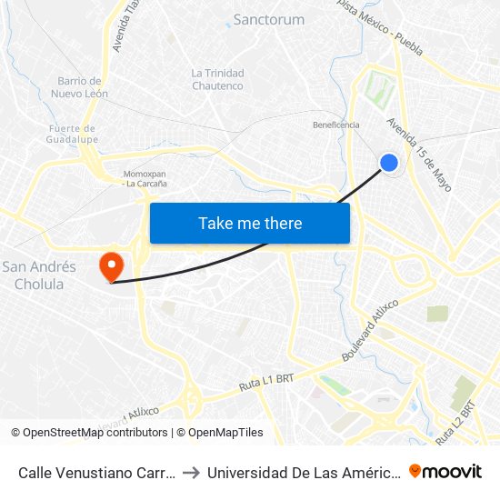 Calle Venustiano Carranza, 28 to Universidad De Las Américas Puebla map