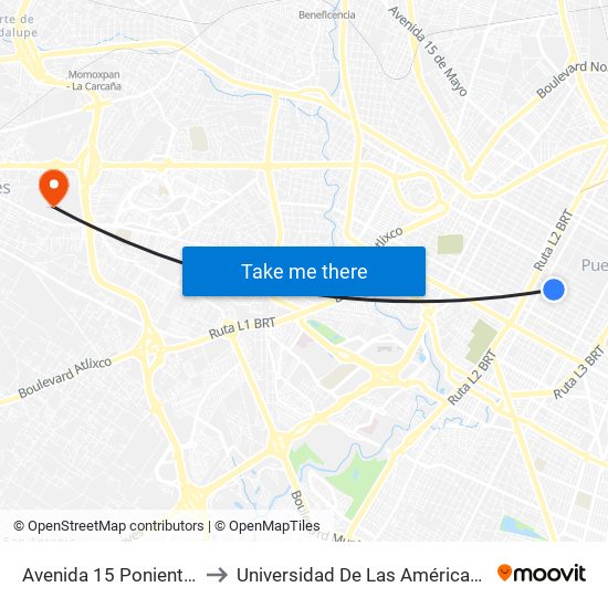 Avenida 15 Poniente, 517 to Universidad De Las Américas Puebla map