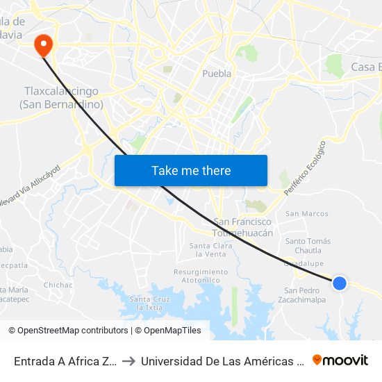 Entrada  A Africa Zafari to Universidad De Las Américas Puebla map