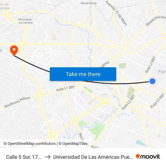 Calle 5 Sur, 1702 to Universidad De Las Américas Puebla map