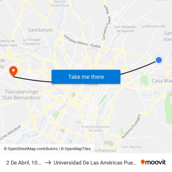 2 De Abril, 1002 to Universidad De Las Américas Puebla map