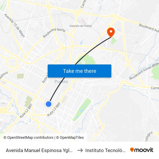 Avenida Manuel Espinosa Yglesias 31 Poniente, 104 to Instituto Tecnológico De Puebla map