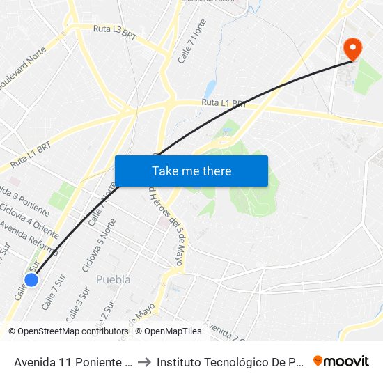 Avenida 11 Poniente 918 to Instituto Tecnológico De Puebla map