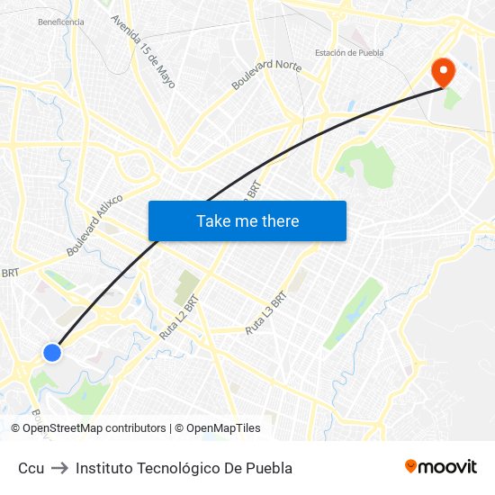 Ccu to Instituto Tecnológico De Puebla map