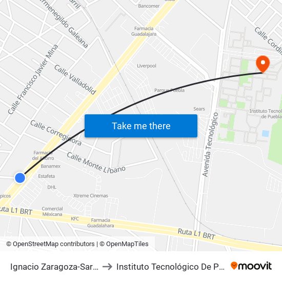 Ignacio Zaragoza-Sarabia to Instituto Tecnológico De Puebla map