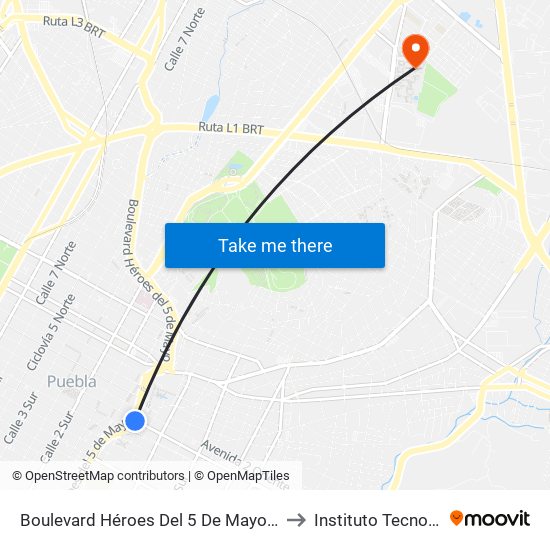 Boulevard Héroes Del 5 De Mayo-Av. Juan De Palafox Y Mendoza to Instituto Tecnológico De Puebla map