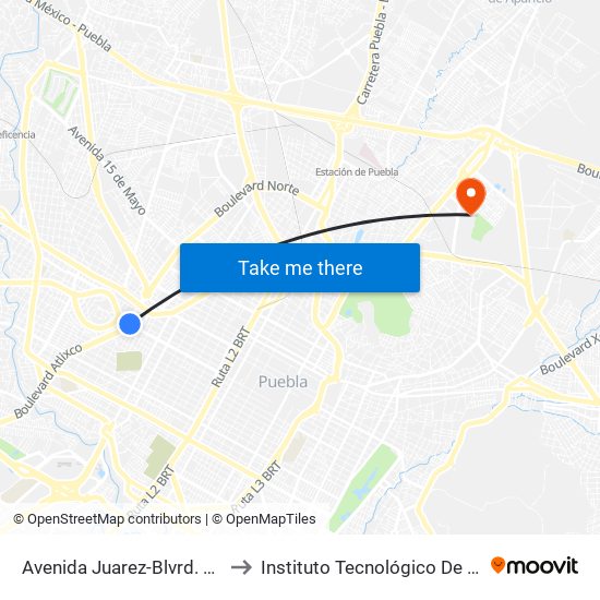 Avenida Juarez-Blvrd. Atlixco to Instituto Tecnológico De Puebla map