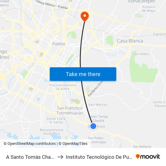 A Santo Tomás Chautla to Instituto Tecnológico De Puebla map