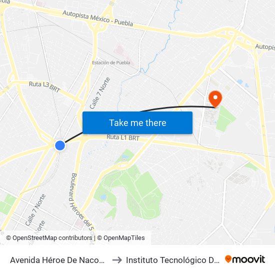 Avenida Héroe De Nacozari 4010 to Instituto Tecnológico De Puebla map