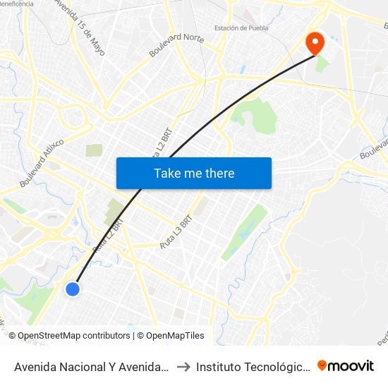 Avenida Nacional Y Avenida Las Margaritas to Instituto Tecnológico De Puebla map