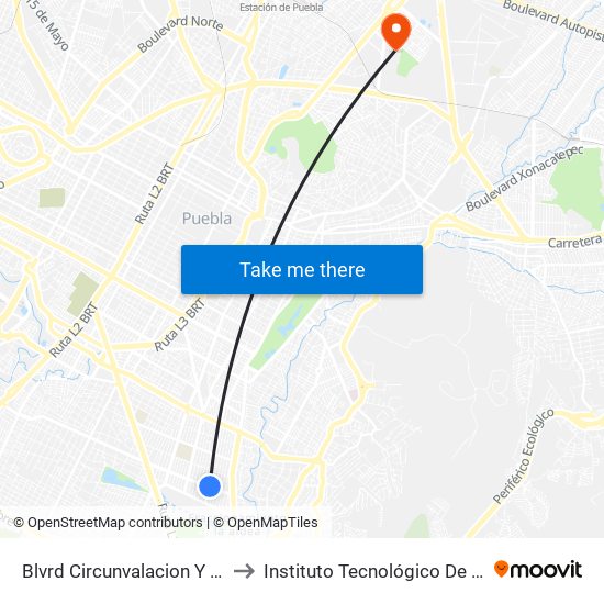 Blvrd Circunvalacion Y 22 Sur to Instituto Tecnológico De Puebla map