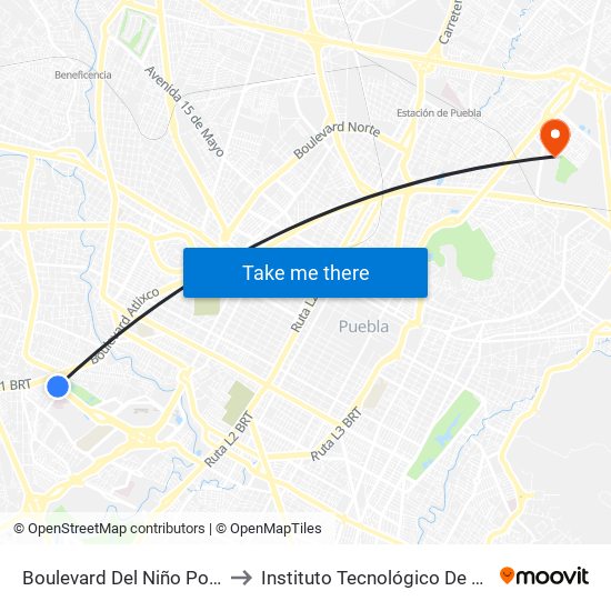 Boulevard Del Niño Poblano to Instituto Tecnológico De Puebla map