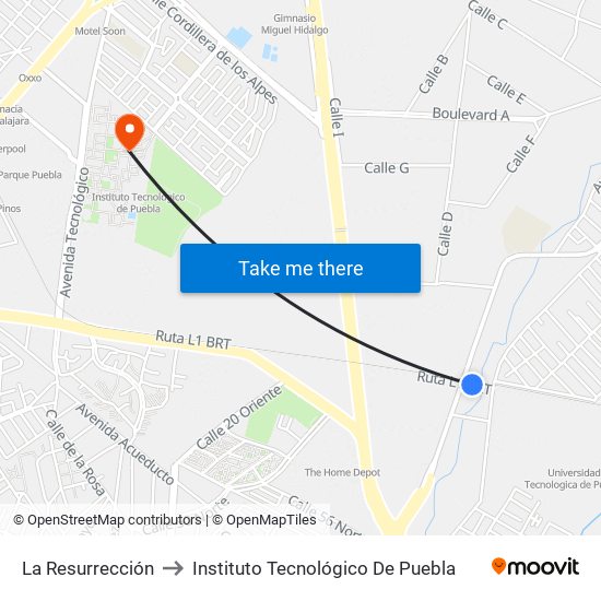 La Resurrección to Instituto Tecnológico De Puebla map