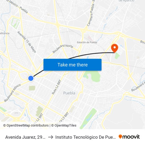 Avenida Juarez, 2930 to Instituto Tecnológico De Puebla map