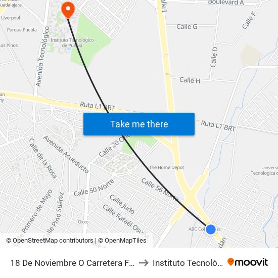 18 De Noviembre O Carretera Federal Puebla-Amozoc, 3 to Instituto Tecnológico De Puebla map