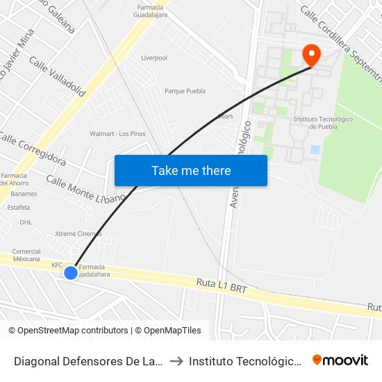 Diagonal Defensores De La República, 57 to Instituto Tecnológico De Puebla map