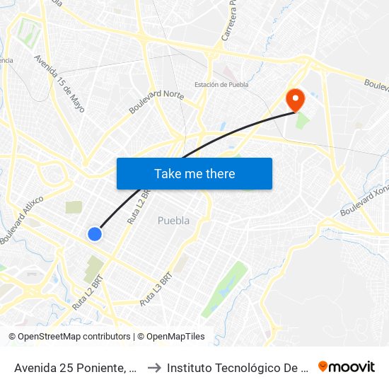 Avenida 25 Poniente, 1902a to Instituto Tecnológico De Puebla map