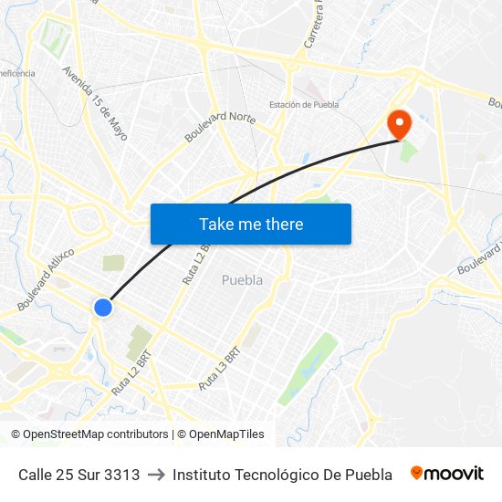 Calle 25 Sur 3313 to Instituto Tecnológico De Puebla map