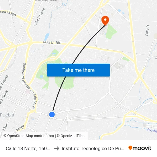 Calle 18 Norte, 1607_4 to Instituto Tecnológico De Puebla map