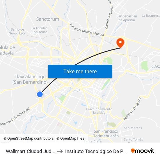 Wallmart Ciudad Judicial to Instituto Tecnológico De Puebla map