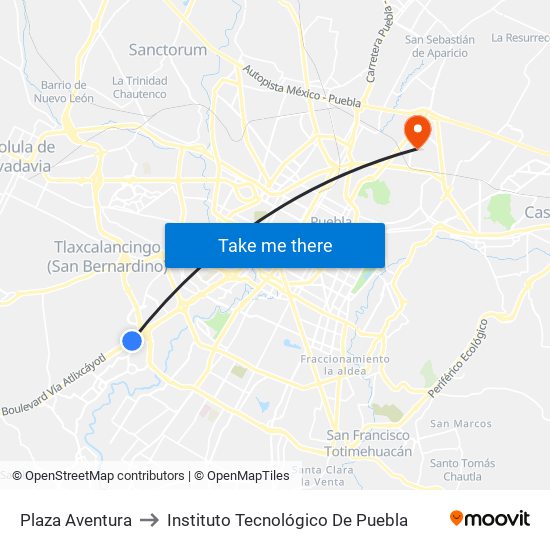 Plaza Aventura to Instituto Tecnológico De Puebla map
