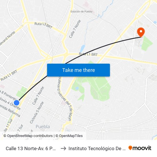 Calle 13 Norte-Av. 6 Poniente to Instituto Tecnológico De Puebla map