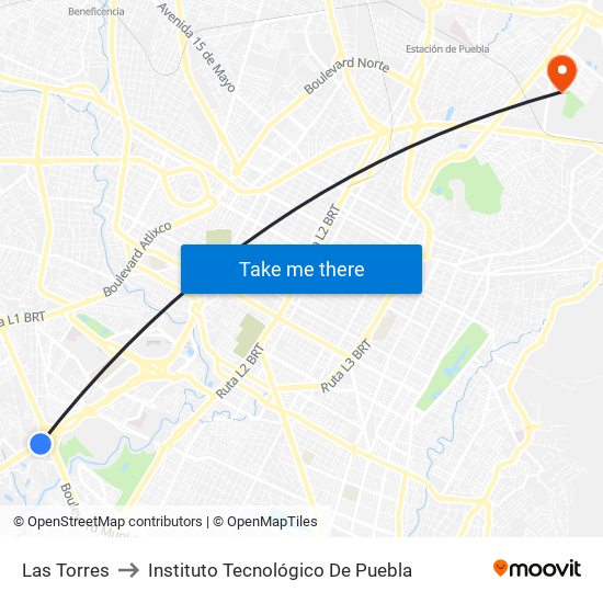 Las Torres to Instituto Tecnológico De Puebla map