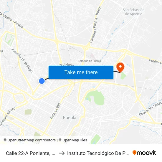 Calle 22-A Poniente, 3101 to Instituto Tecnológico De Puebla map