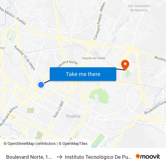 Boulevard Norte, 1186 to Instituto Tecnológico De Puebla map