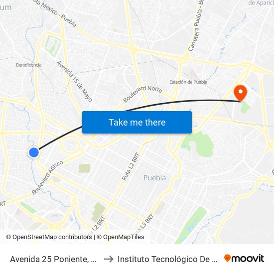 Avenida 25 Poniente, 5114a to Instituto Tecnológico De Puebla map