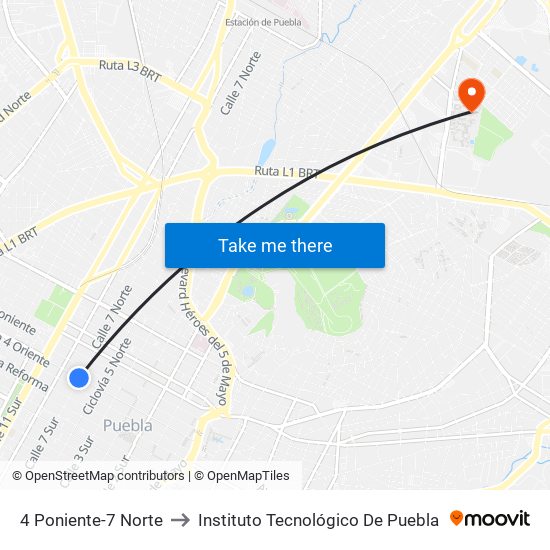 4 Poniente-7 Norte to Instituto Tecnológico De Puebla map