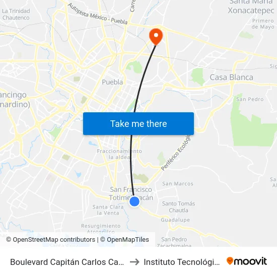 Boulevard Capitán Carlos Camacho Espíritu 6a to Instituto Tecnológico De Puebla map