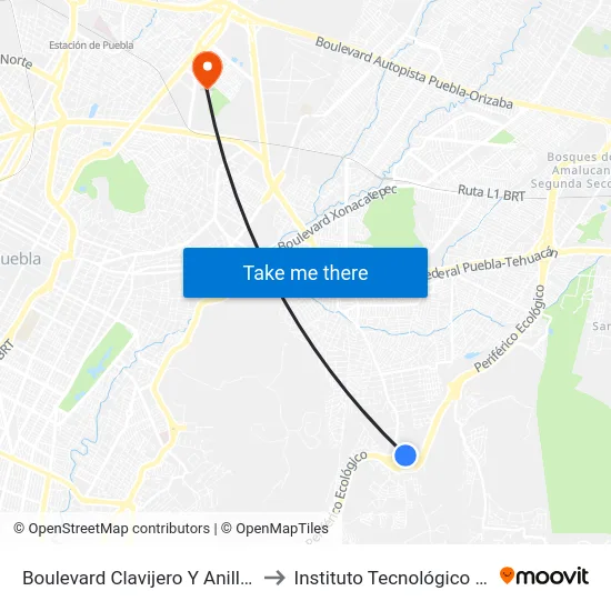 Boulevard Clavijero Y Anillo Periférico to Instituto Tecnológico De Puebla map