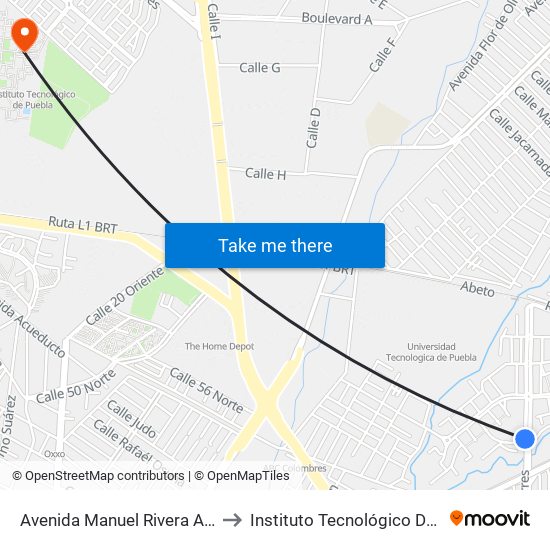 Avenida Manuel Rivera Anaya, 96 to Instituto Tecnológico De Puebla map