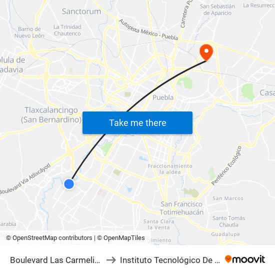 Boulevard Las Carmelitas, 65 to Instituto Tecnológico De Puebla map