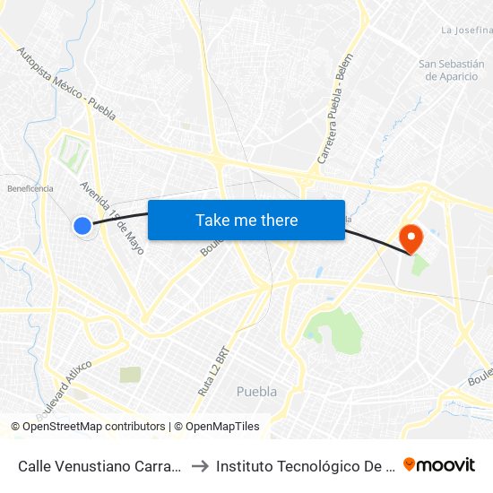 Calle Venustiano Carranza, 28 to Instituto Tecnológico De Puebla map