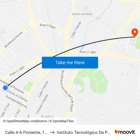 Calle 4-A Poniente, 1919 to Instituto Tecnológico De Puebla map