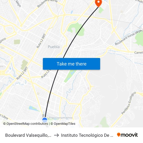 Boulevard Valsequillo, 1451 to Instituto Tecnológico De Puebla map