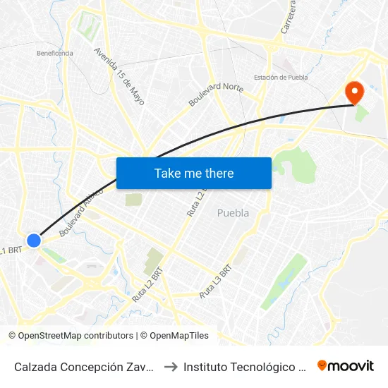 Calzada Concepción Zavaleta, 5626 to Instituto Tecnológico De Puebla map