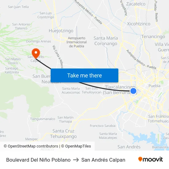 Boulevard Del Niño Poblano to San Andrés Calpan map