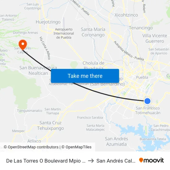 De Las Torres O Boulevard Mpio Libre to San Andrés Calpan map