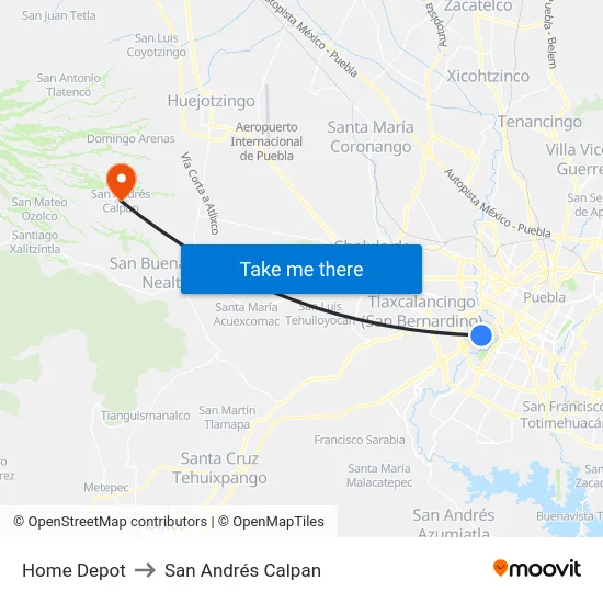 Home Depot to San Andrés Calpan map
