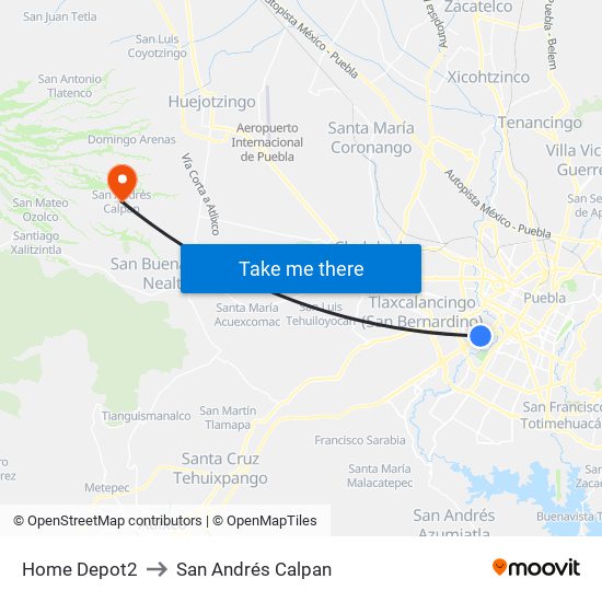 Home Depot2 to San Andrés Calpan map