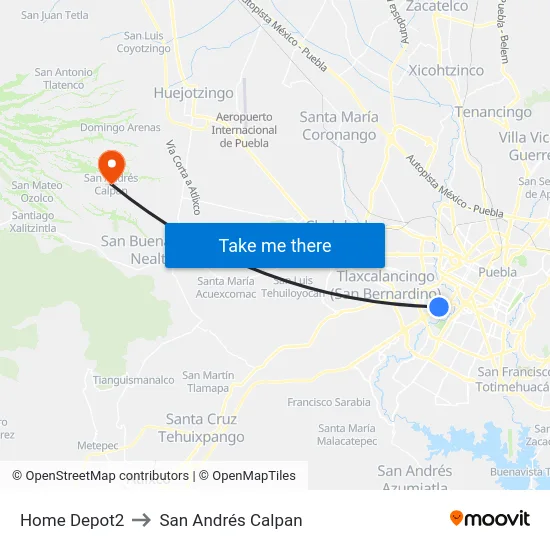 Home Depot2 to San Andrés Calpan map