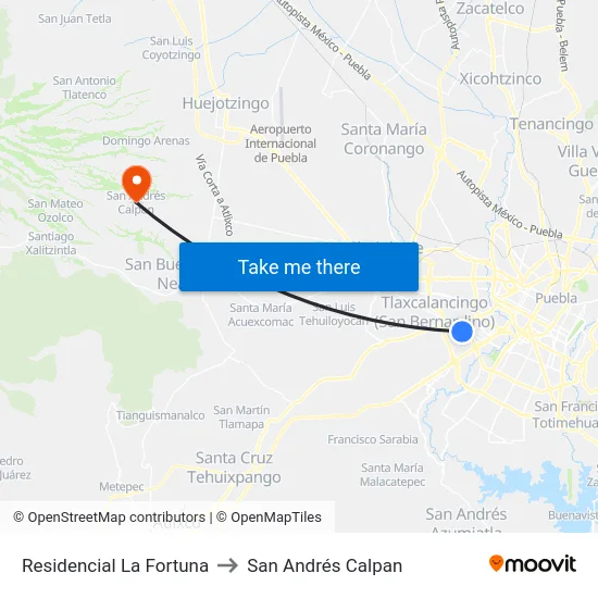 Residencial La Fortuna to San Andrés Calpan map
